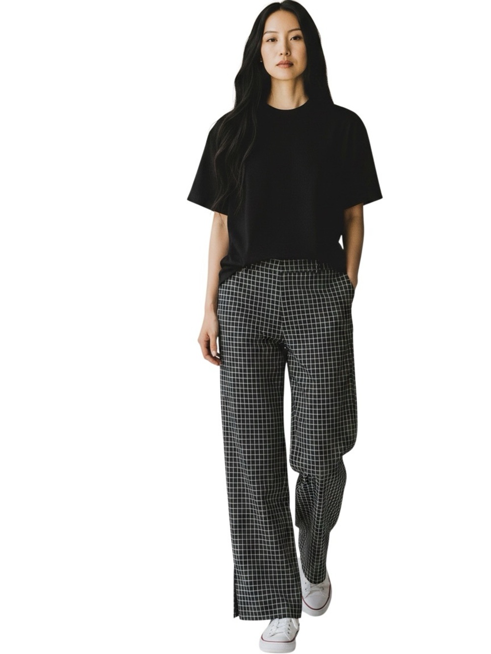 Black Windowpane Grid 4 Way Stretch Split Leg Pants